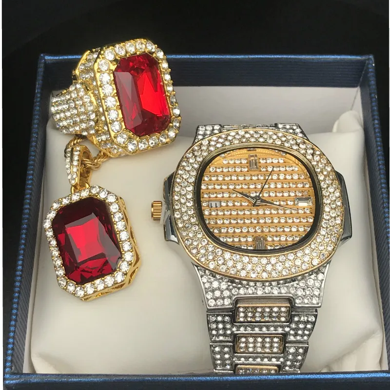 Роскошные мужские бриллиантовые золотые часы хип-хоп Iced Out кубинские часы с бриллиантами и красным Рубином ожерелье и кольцо комбинированный набор рэпер мужские ювелирные изделия