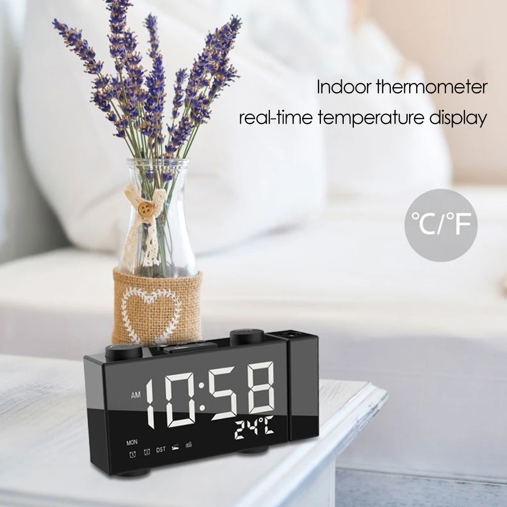 Digital Alarm Clock FM Projection Radio Alarm Clock with Snooze Thermometer Table Clock USB LEDs Alarm Clocks