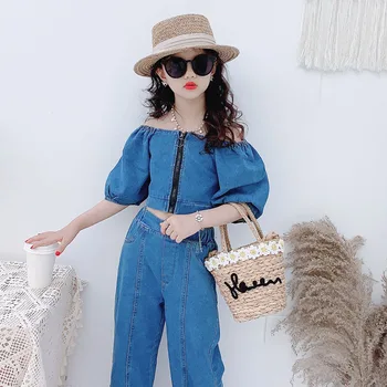 

Two Piece Set Children Kids Girls Strapless Crop Top Shirt Pants High Waist Zip Fly Jeans Denim Outfits Teenage Clothing Korean