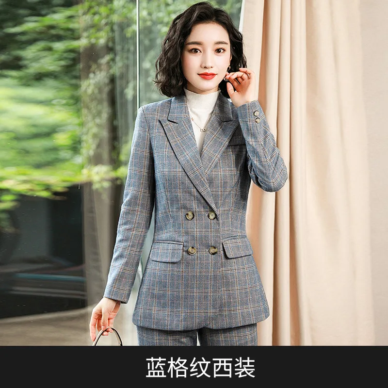 Coat 1 Клетчатый женский двубортный деловой костюм, плюс размер, Женский облегающий костюм, офисный женский вечерний Блейзер и брюки, комплект из 2 предметов - Цвет: Coat 1