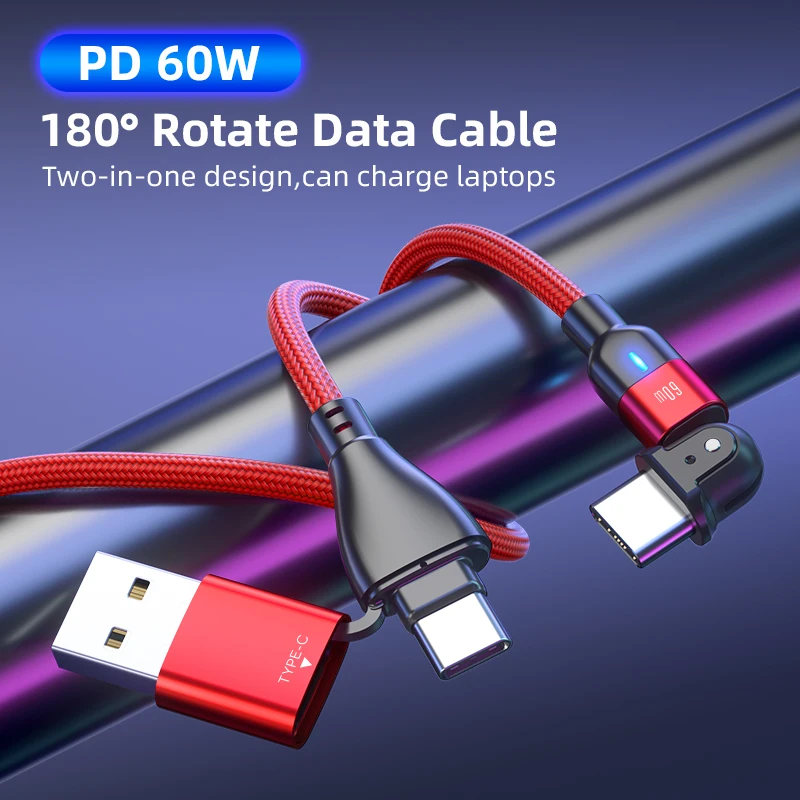 Фото 2 в 1 540 вращение PD 60 Вт USB C к кабель для Macbook Pro Samsung Huawei Xiaomi или A Type 3A Быстрая зарядка