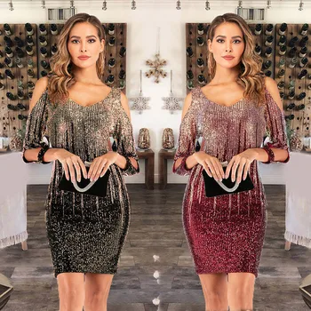 

Women Sexy O-neck Long Sleeve Sequin Ruffle Short Dress Women Summer Autumn Off Shoulder Party Evening Dress Ins Wind vestidos