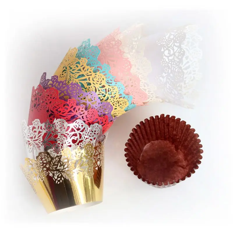 

100pcs Cupcake Wrappers Paper Laser Hollow Rose Cake cup Birthday Decoration