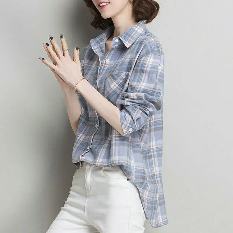 Ladies Tops Oversized Vintage Plaid Long Sleeve Shirts Women Cotton Elegant Blouses summer 2023 Korean Stylish Fashion Clothing
