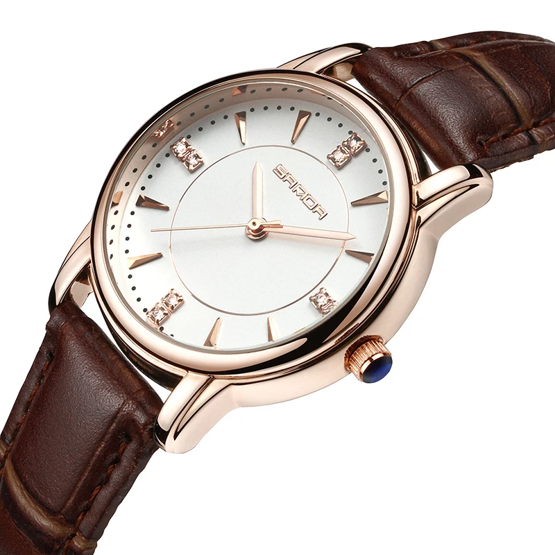 SANDA Модные женские кожаные повседневные часы Роскошные Аналоговые кварцевые