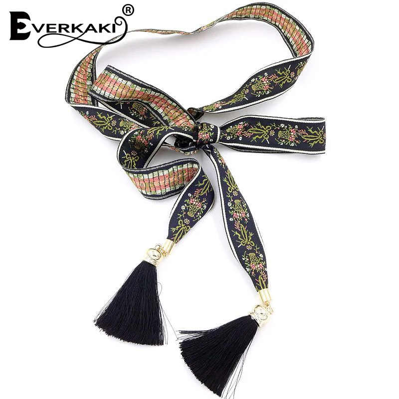 

Everkaki Boho Tassels Bandage Waist Belt Sashes Silk For Women Embroidery Vintage Belt For Dress Sweaters 2019 New Fashion