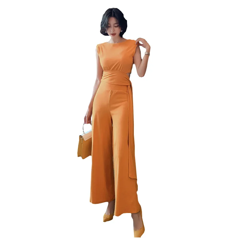 Summer Office Classy Business Suit Casual Two Piece Set Women Short Sleeve Lace Up Tops and Long Wide Leg Pants 2 Piece Sets