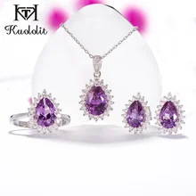Kuolit Александрит набор украшений для женщин Твердые 925 пробы Серебряное кольцо серьги ожерелье свадебный набор драгоценных камней ювелирные изделия