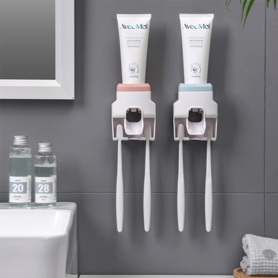 

Toothbrush Holder Set Automatic Toothpaste Dispenser Wall Mount Stand Bathroom Accessories Set Rolling Automatic Squeezer Home