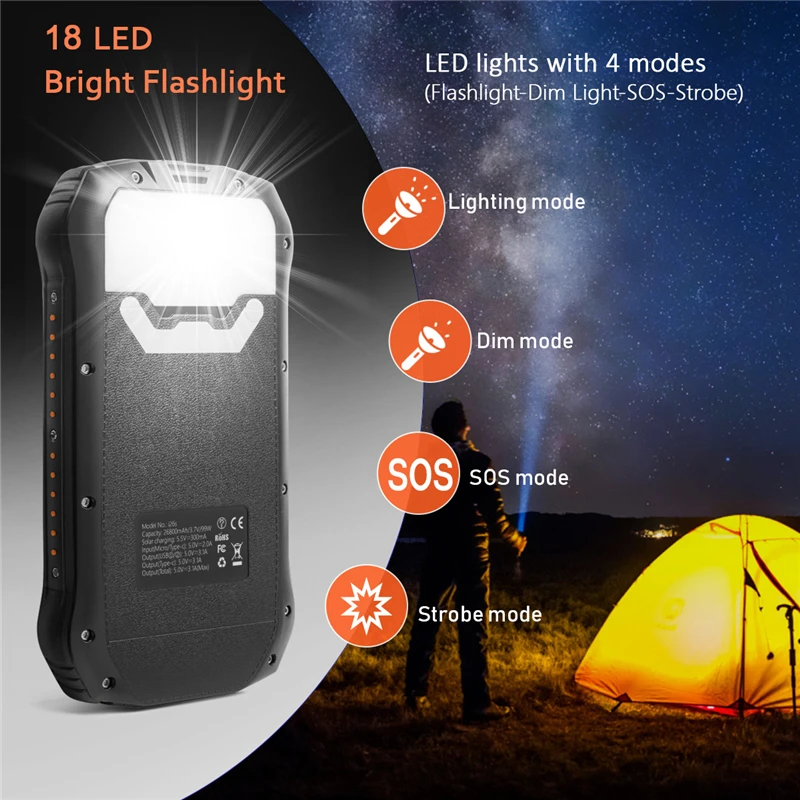  Solar Power Bank 50000mAh, Portable Solar Phone Charger with  Flashlight, 4 Output Ports, 2 Input Ports, Solar Battery Bank Compatible  with iPhone for Camping, Hiking, Trips : Cell Phones & Accessories