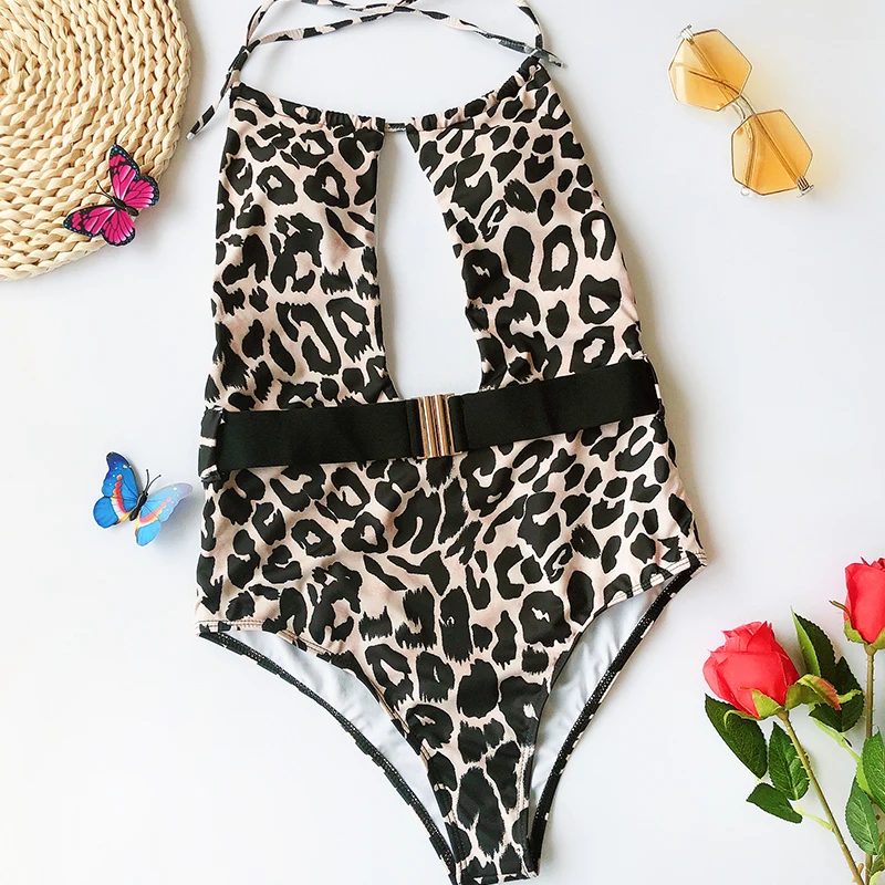 leopard Brazilian swimsuit one piece sexy bikini 2020 Push up swimwear women string monokini Backless High cut V bathing suit 5