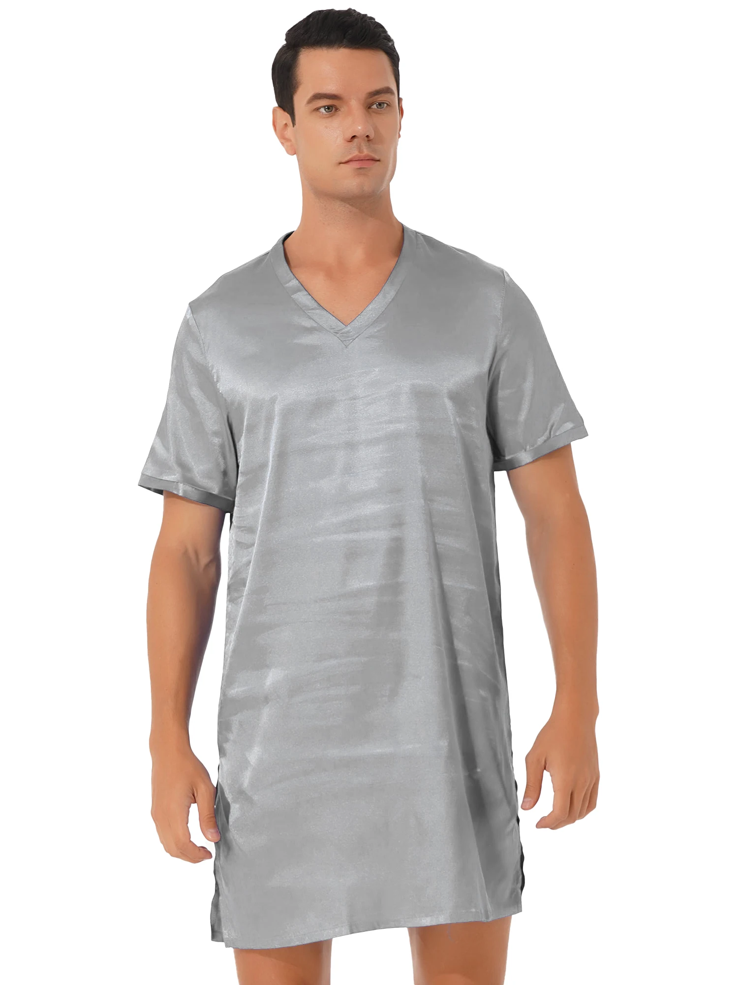 Mens Womens Satin Nightgown satin nightgown V Neck Short Sleeve Sleepwear Nightclothes Homewear Sides Split Nightwear