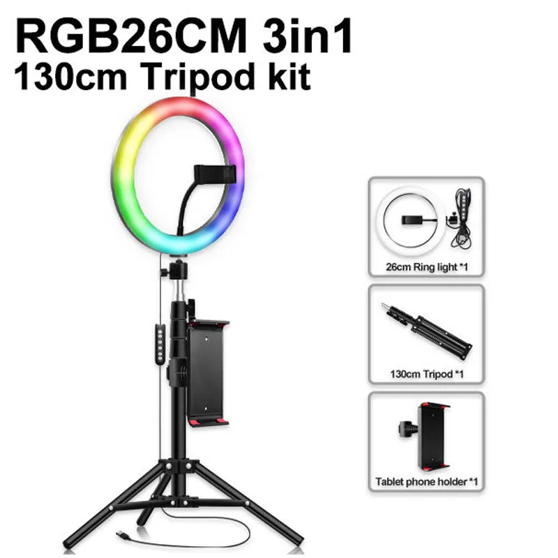  10 inch smart phone Holder Photography Lighting 3200-5600k Dimmable LED RGB Video Ring Light Selfie - 4000387190959