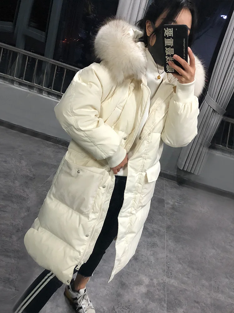 Большой меховой воротник Женская Мода пуховик средней длины Slim Fit зима стиль корейско-Стиль для похудения талии облегающие ботфорты