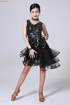 

Women Dance Wear Ballroom Dress Samba Costume Party Dresses Sheer Mesh Stretchy Sequins Latin Dress