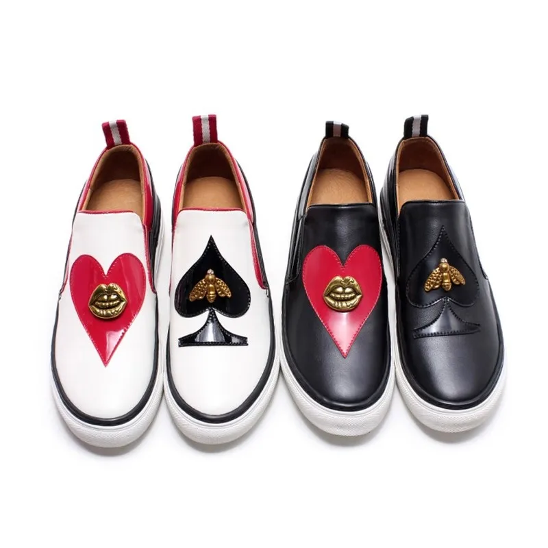 

Womens Round Toe Genuine Leather Bee Lips Black Red Heart Spades Decor Low Heel Loafers Slip On Moccasins Shoes 2Colors A1192