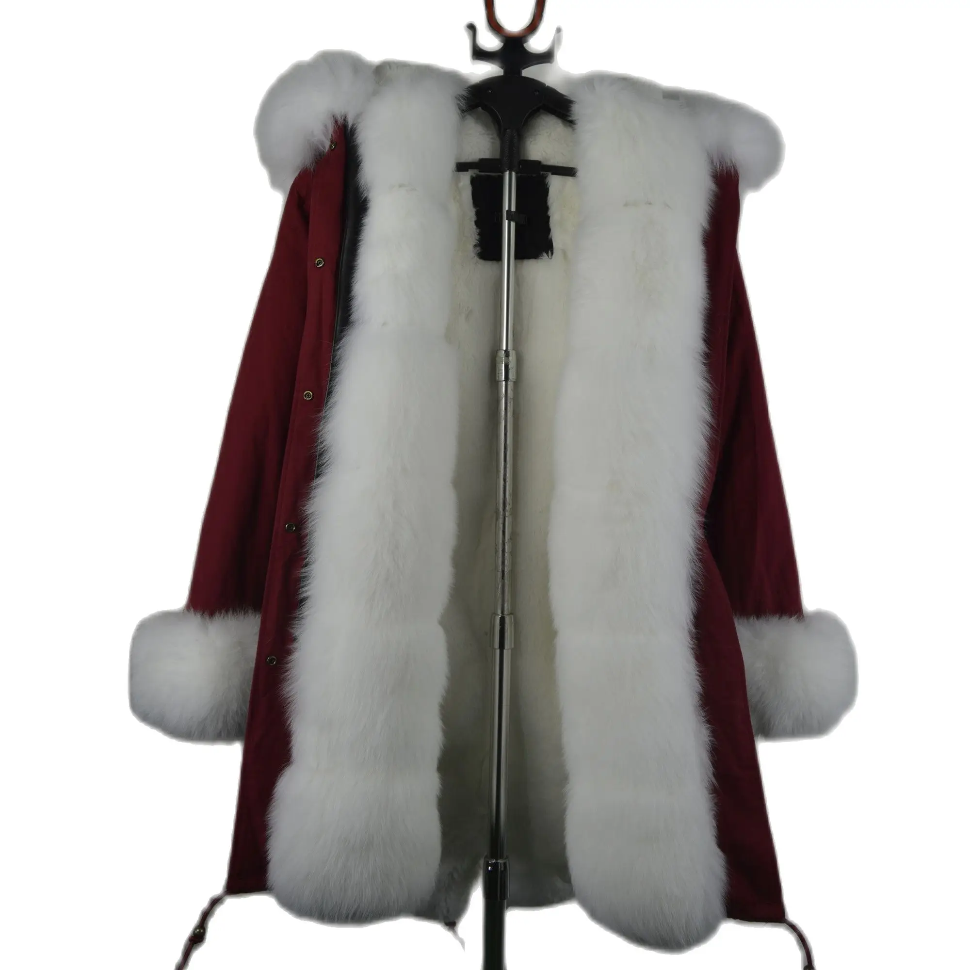 

Красная парка Voguish с белыми манжетами из меха кролика Рекс, пальто Maomao, зимнее теплое пальто для женщин