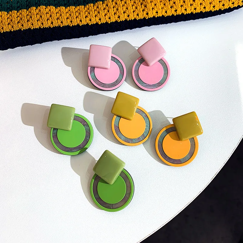 

Korea New Color Resin Retro Stitching Geometric Round Drop Earrings For Woman&girls Fashion Jewelry Wholesale
