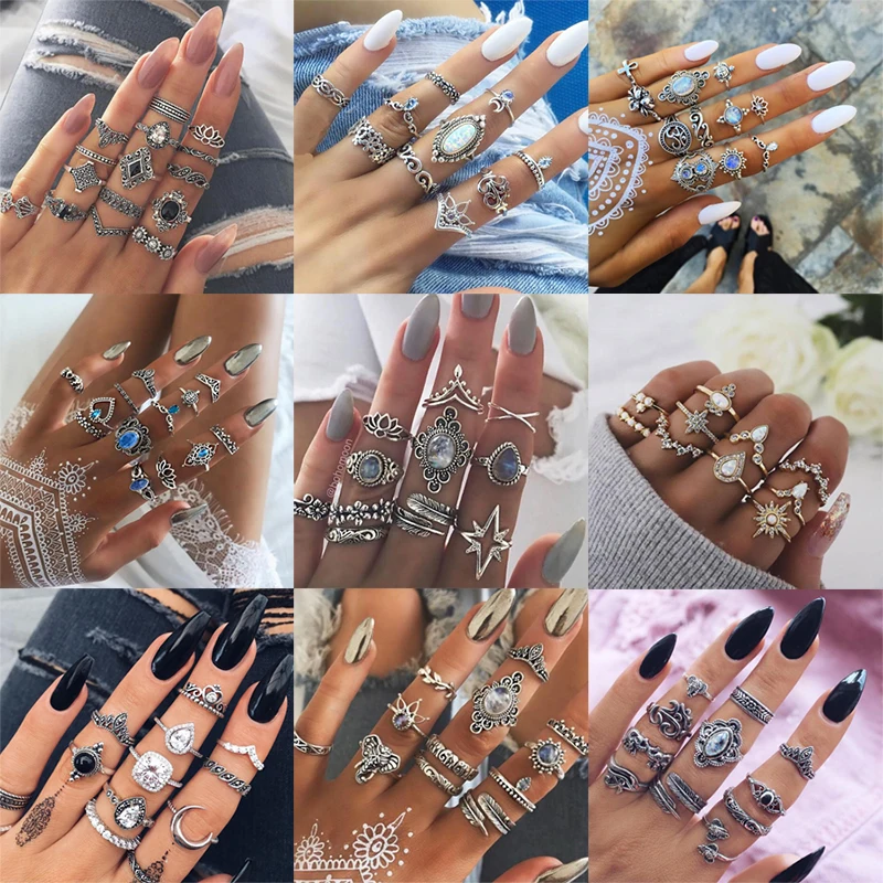 

Vintage Bohemian Midi Finger Rings Set For women Beach Turtle Elephant Geometric Crystal Knuckle Rings Boho wedding Jewelry