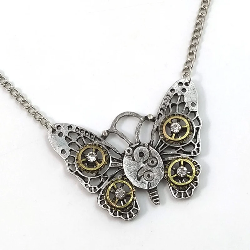Vintage Steampunk Owl Butterfly Shape Gear Pendant Necklace For Women Men Wedding Antique Silver Necklace Jewelry Gifts