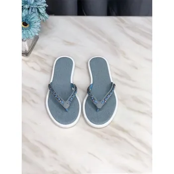 

2020 new fashion wild clip toe beach sandals women denim chain herringbone slippers flat bottom wear slippers women
