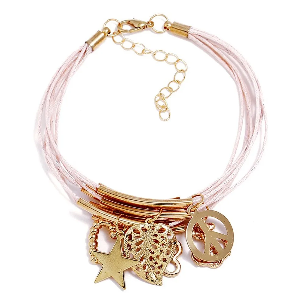 Модный креативный DIY браслет, европейский и американский стиль, популярный простой милый розовый кожаный шнур, пятиконечная звезда, женский браслет
