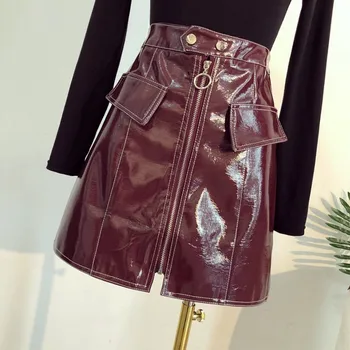 

HStar Women Retro Punk Girls Pu Mini Skirts 2020 Lady Street Faux Patent Leather Skirt Female Harajuku Pockets Skirts