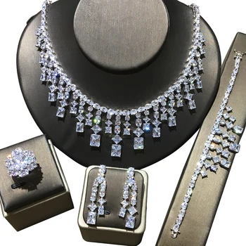 

GODKI Baguette CZ 4PCS Silver Color DUBAI Necklace Sets For Women Wedding Nigeria Zircon Crystal Dress PARTY Jewelry sets 2020