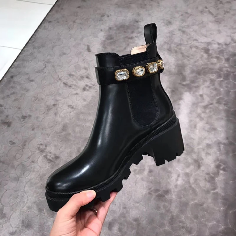 Black Women's Luxury Ankle Boots Women Chelsea Chunky Low Heel Boots Female Platform Shoes Ladies Spring New G Brand Booties