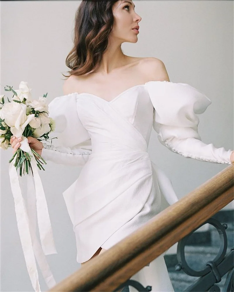 Fivsole White Wedding Dress 2021 Puff Long Sleeve Bride Dress Short A line Marriage Dress Tail Back Party Dress Vestido De Noiva
