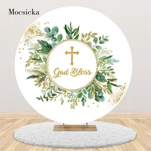 

Mocsicka God Bless Newborn Christening Round Backdrop Cover Leaves Gold Cross Baptism Photography Background Photo Studio Circle