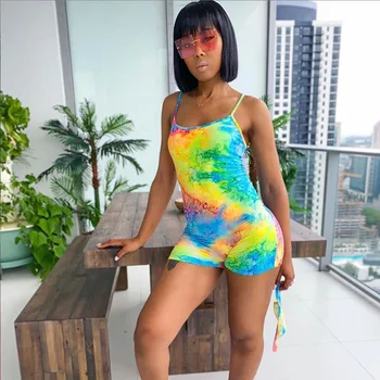 

Sexy Tie Dyeing Skinny Playsuit Jumpsuit Rompers Sexy Women Clubwear Sleeveless Strap Sports Summer Jumpsuit Shorts Trousers