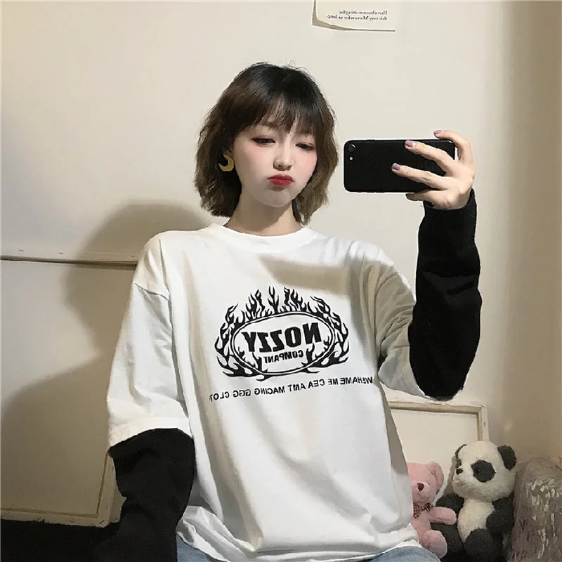 Harajuku Женская Базовая футболка осень длинный рукав o-образным вырезом Мода Письмо Свободные повседневные топы Длинная Футболка женская
