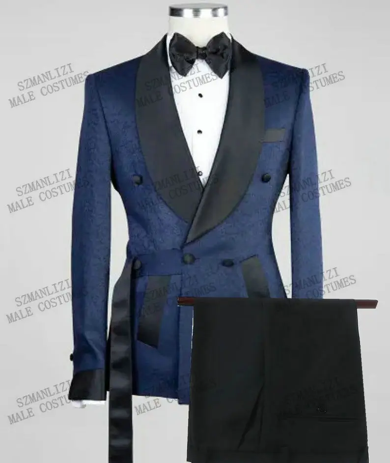 Fashion Design Black Floral Mens Wedding Suit Double Breasted Slim Fit Prom Groom Tuxedo Bridegroom Best Man Blazer Pants