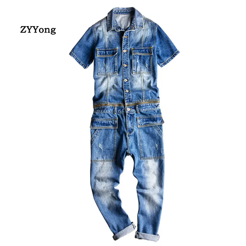 Summer Men Denim Jumpsuit Bib Short-Sleeved Multi-Pocket Hip-Hop Jeans Removable Waist Overalls Cargo Pants Freight Trousers
