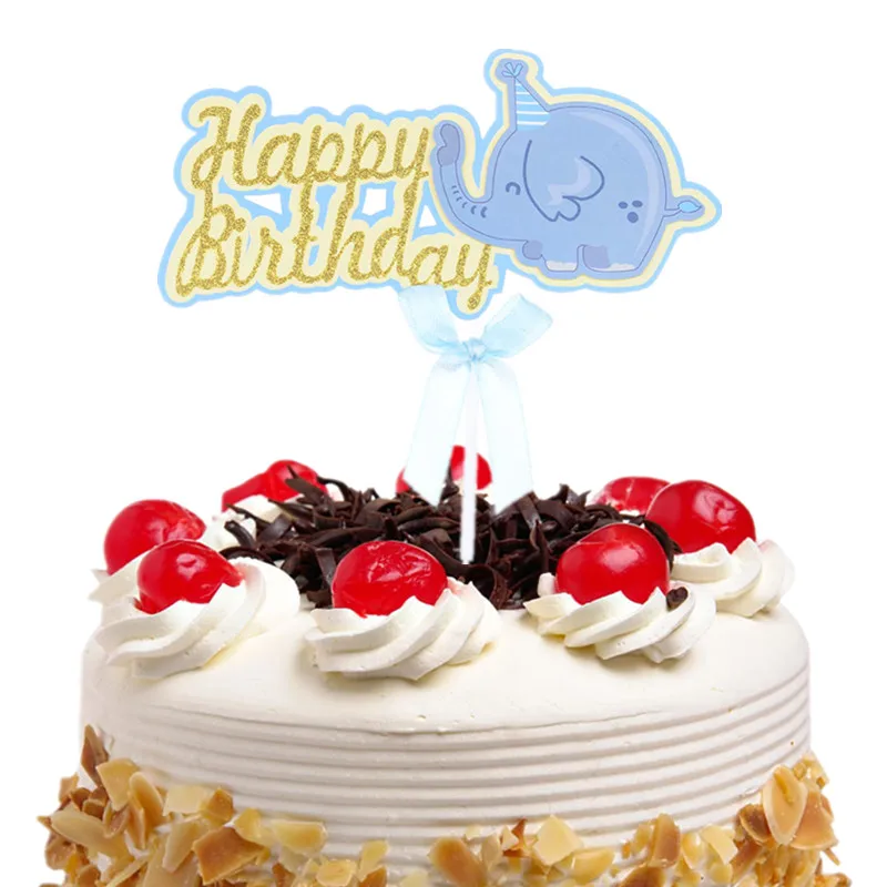 Happy Birthday Cake Topper Flags Gillter Cake Toppers Pink Elephant Kids Gift Wedding Baby Shower Party Baking DIY Decor Xmas
