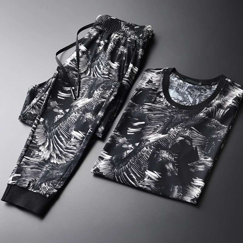 Minglu мужские комплекты с принтом(T-SHIRTS+ брюки) размера плюс 4xl роскошные летние мужские комплекты с коротким рукавом с брюками с круглым воротником мужские комплекты s