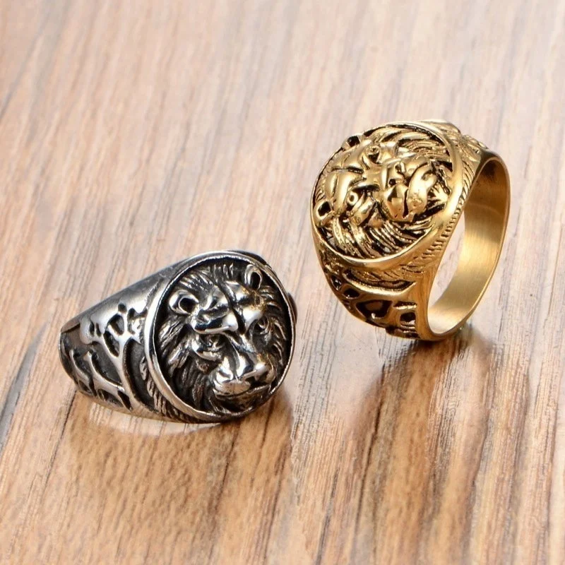 New Retro Animal Lion Pattern Ring Men's Fashion Vintage Metal Gold-Plated Head Accessories Party Jewelry | Украшения и