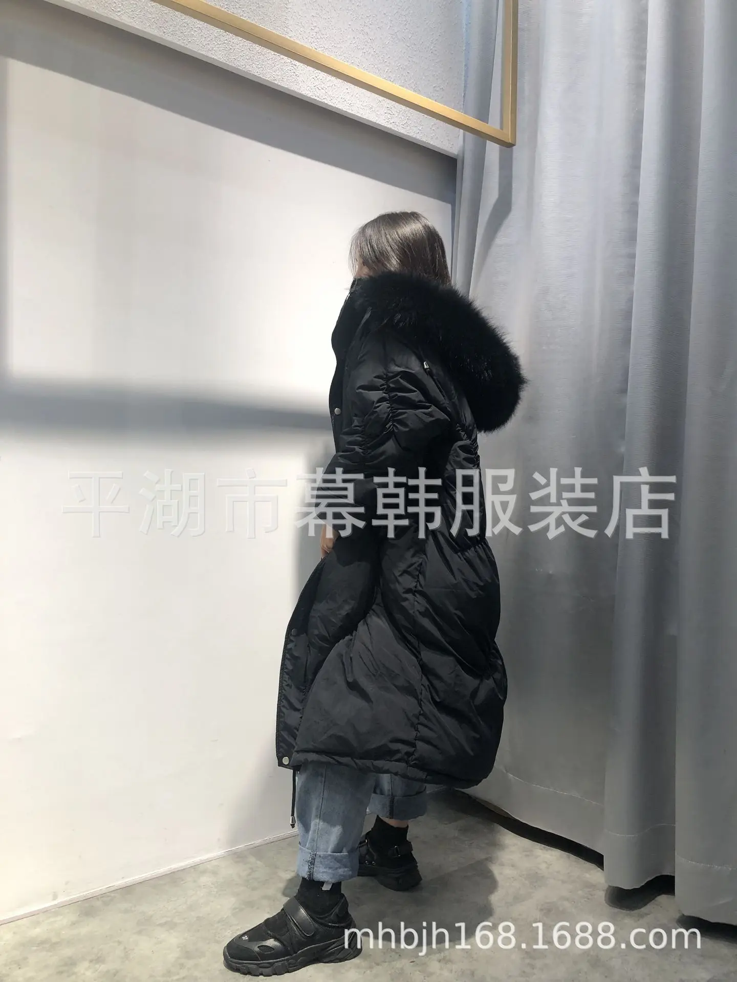 Dongdaemun,, стиль, корейский стиль, с капюшоном, большой меховой воротник, длинный, выше колена, пуховик, женское, зимнее, плотное, теплое пальто