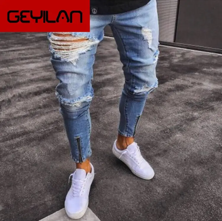 

Men's Jeans Slim Fit Ripped Jeans Men Streetwear Distressed Cool Denim Joggers Knee Holes Washed Destroyed Pants with Zipper