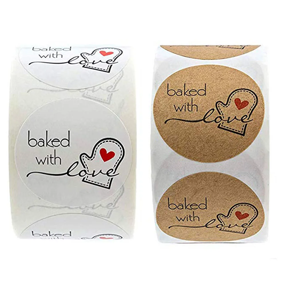 

500pcs/roll Baked With Love Natural Kraft Stickers Round Adhesive Labels Baking 500pcs For Package Decorate Hand made Sticker