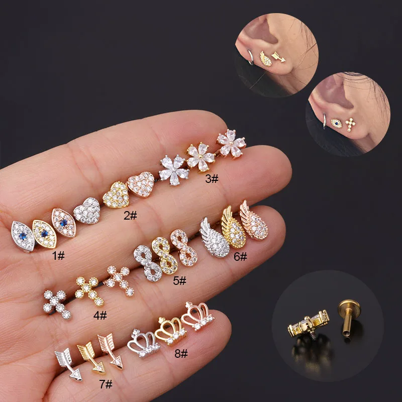 1Piece Rose Gold Piercing Stud Earrings for Women Jewelry 2021 Trend Stainless Steel Eye Cross Teens | Украшения и аксессуары