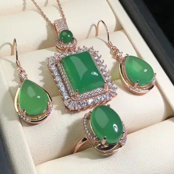 

A Set Natural Chalcedony Inlay Gold-plated Pendant Necklace Earring Ring DIY Jewellery Fashion Woman Luck Gifts Amulet