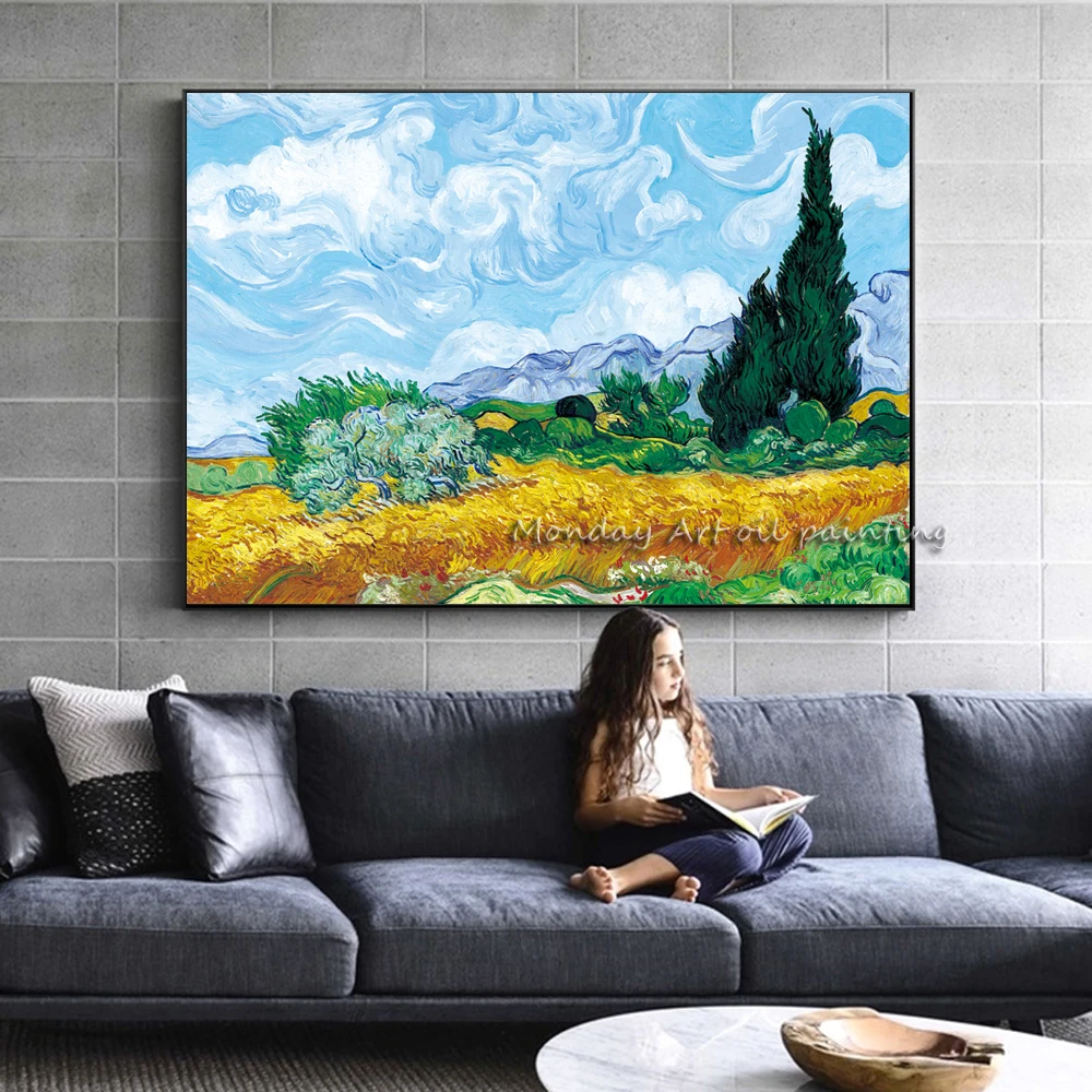 

Top handmade Wheatfield With Cypresses By Van Gogh Painting On The Wall Impressionist Landscape picture Wall Art Canvas painting