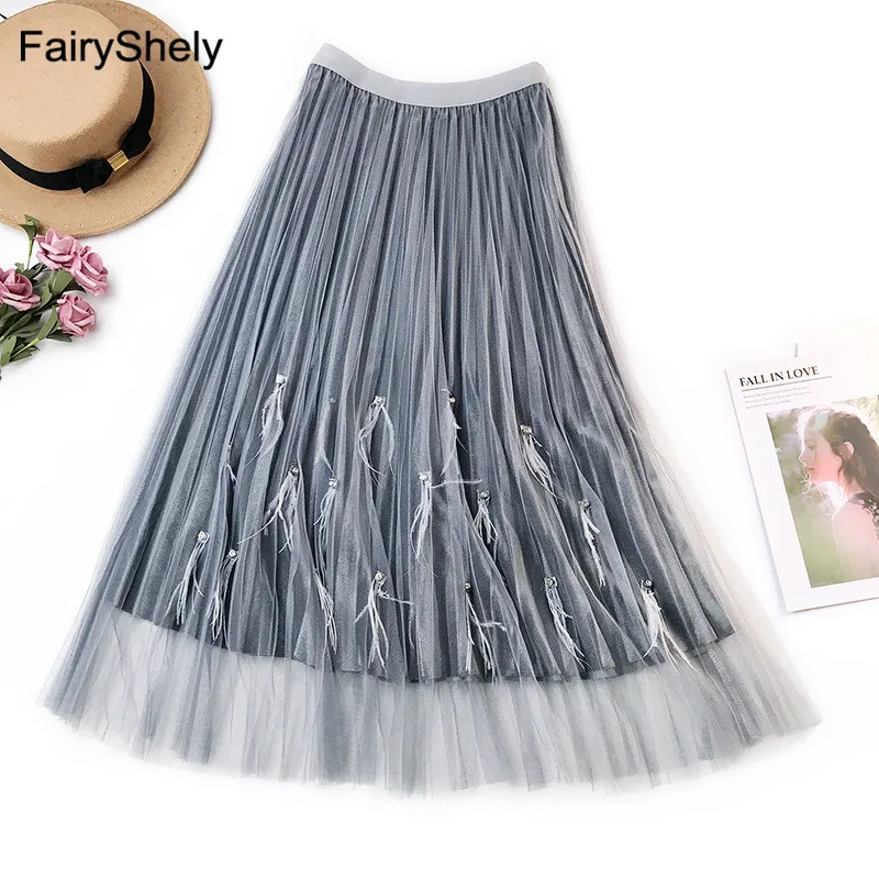 FairyShely, бархатная плиссированная длинная юбка с бисером, Женская осенне-зимняя эластичная юбка средней длины из розового тюля с высокой талией, модная одежда