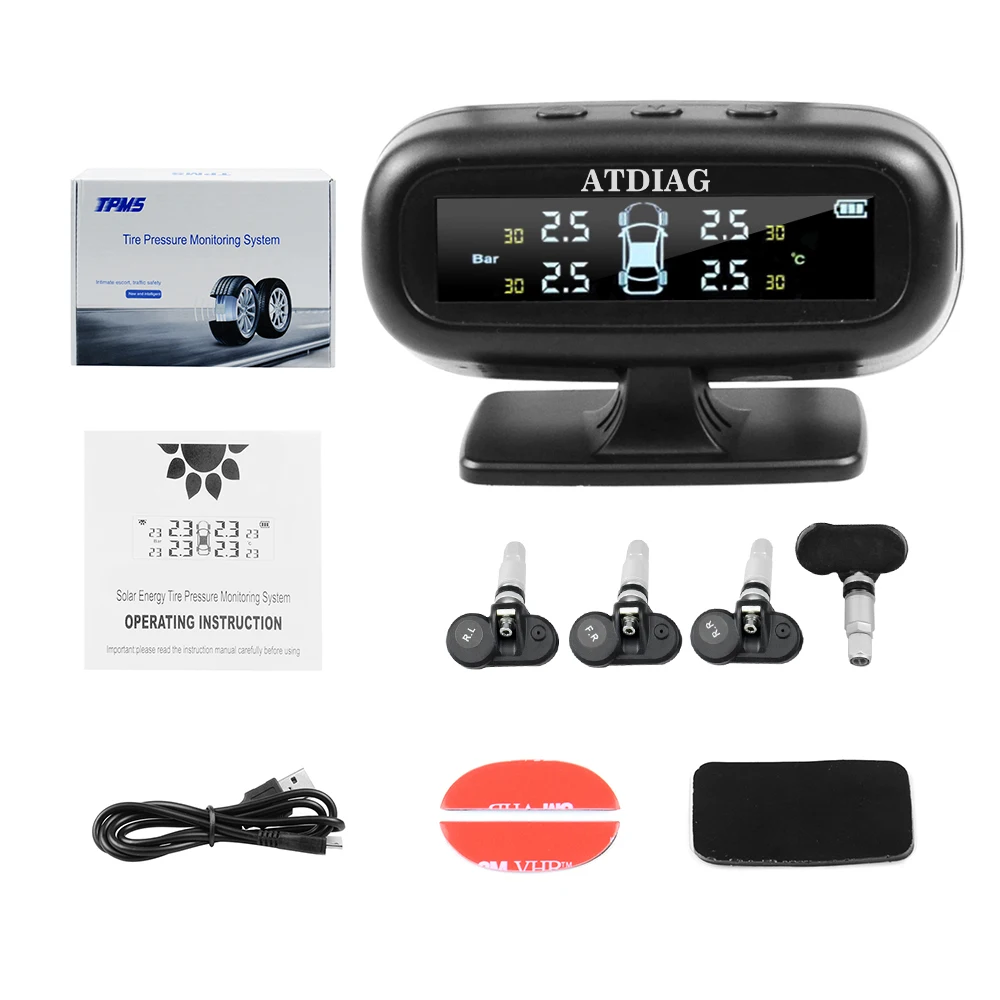 Car tire pressure monitor sensor ATDIAG TPMS USB Solar Charging Bar Psi C' display tire pressure alarm tool