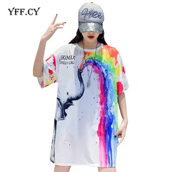 

Plus Size 2020 Summer Elephant doodle Print T-shirt Women Personality Mesh T Shirt Causal Loose Tee Top Shirts Streetwear