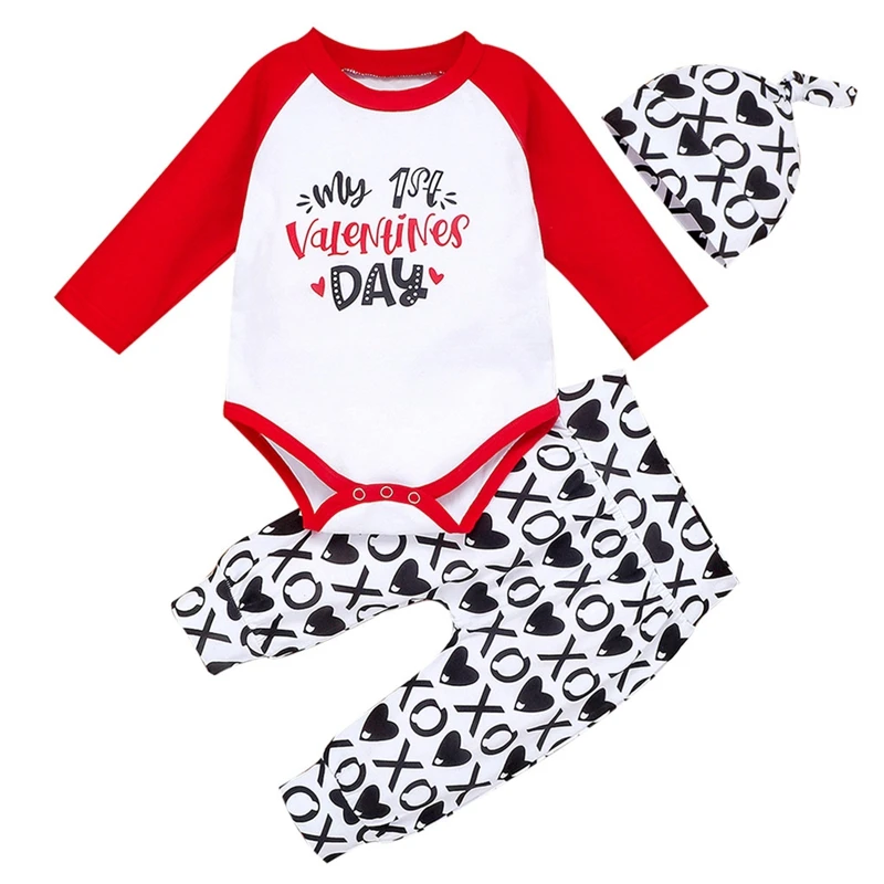 Одежда с надписью «Happy 1st Valentine Day» комплекты для малышей комбинезон для новорожденных девочек и мальчиков, боди с буквенным принтом+ штаны в полоску, брюки+ шапочка, комплект - Цвет: Black