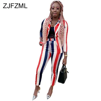 

Stripe Plus Size 2 Piece Set Womens Clothing Turn-Down Collar Long Sleeve Slim Blazer and Empire Pencil Pants Causal Sweat Suits