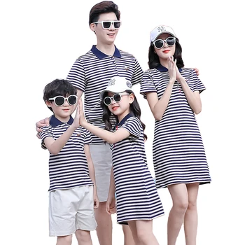 

New Summer Family outfits clothing mother Girl Dress father Boy cotton Stripe Polo shirt & Pants 2pcs/sets family look 2 colors